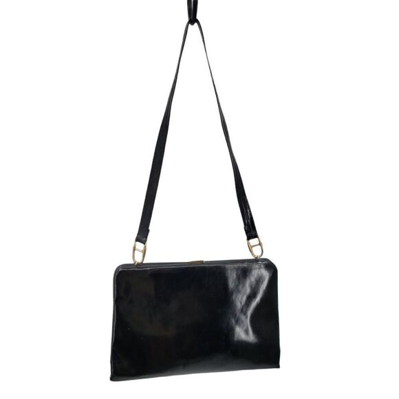 Vtg 60's Handbag Designer Shoulder Bag Smooth Black Framed Gold Lock Closure - Picture 3 of 12
